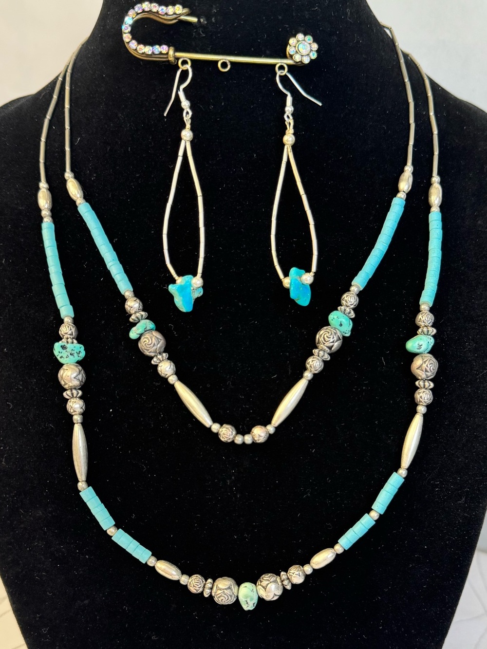 Turquoise Beads & Sterling Silver Necklace Set with Turquoise Accent Earrings